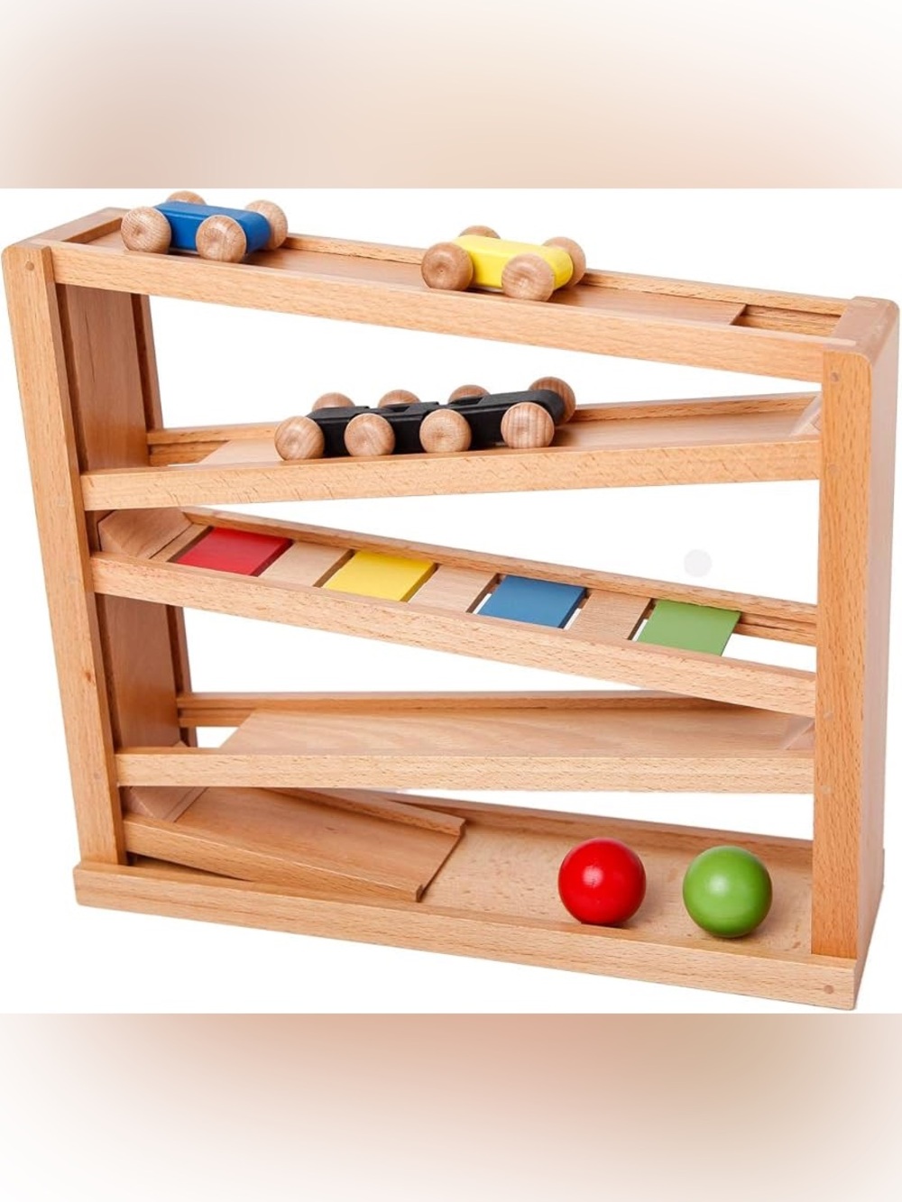 Wooden Ramp Racer. Race Track for Toddlers and 3 Wood Cars and 2 Balls,Toddler